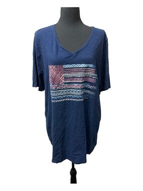 Catherines 1X Navy V Neck Graphic Tee Boho Stripe Print Plus Size Top